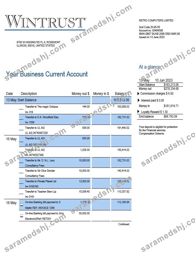 Wintrust Financial Bank enterprise account statement Word and PDF template